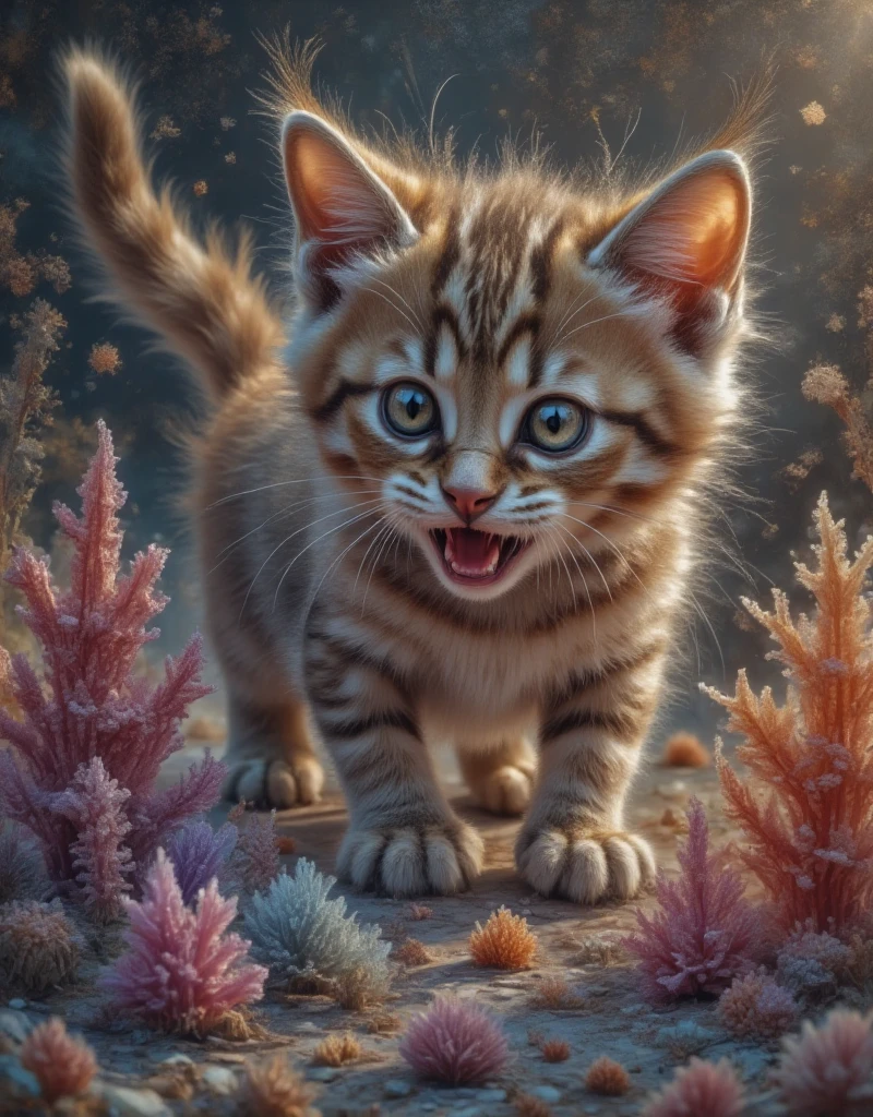 Close-up zoom in,(Macro:1) photo, cute kitty play on a milky white table ,( Mandelbutt fractal :4)   thousand pieces of colored glass sugar ,Condensed , effervescent , detailed,Complex,Key Light,backlight,Fill Light, play under three-point lighting ,  nebula bubbles ,