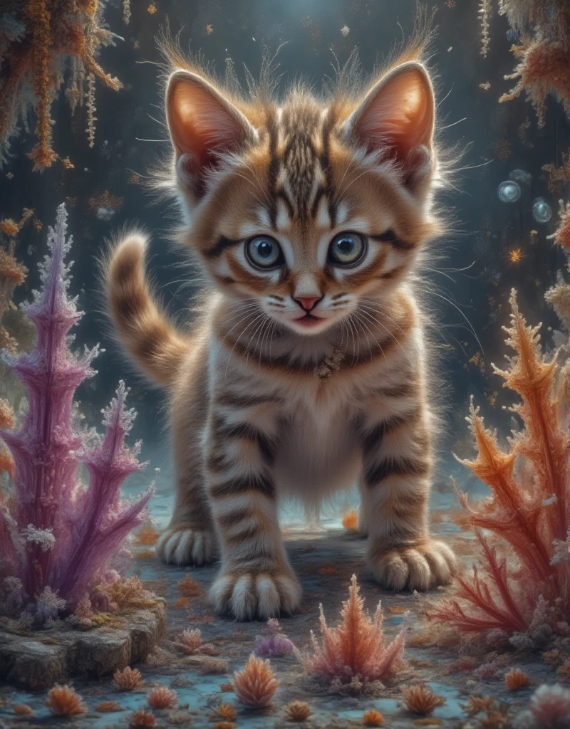 Close-up zoom in,(Macro:1) photo, cute kitty play on a milky white table ,( Mandelbutt fractal :4)   thousand pieces of colored glass sugar ,Condensed , effervescent , detailed,Complex,Key Light,backlight,Fill Light, play under three-point lighting ,  nebula bubbles ,