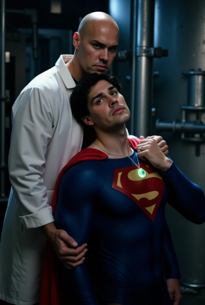 two men in a dimly lit industrial setting. The man on the left is bald, wearing a white lab coat, and has a serious expression. The bald man huggs Cody Christian from behind, Noah Beck, who is dressed in a blue Superman costume with a red cape, a glowing emerald green crystal pendant hanging from his neck. The superhero has dark hair and a beard, and appears unconscious or weakened, with his head tilted slightly upward resting against the other man's chest and his eyes closed. The setting includes industrial pipes and machinery, adding to the tense atmosphere. The lighting is moody, with shadows accentuating the scene's intensity.