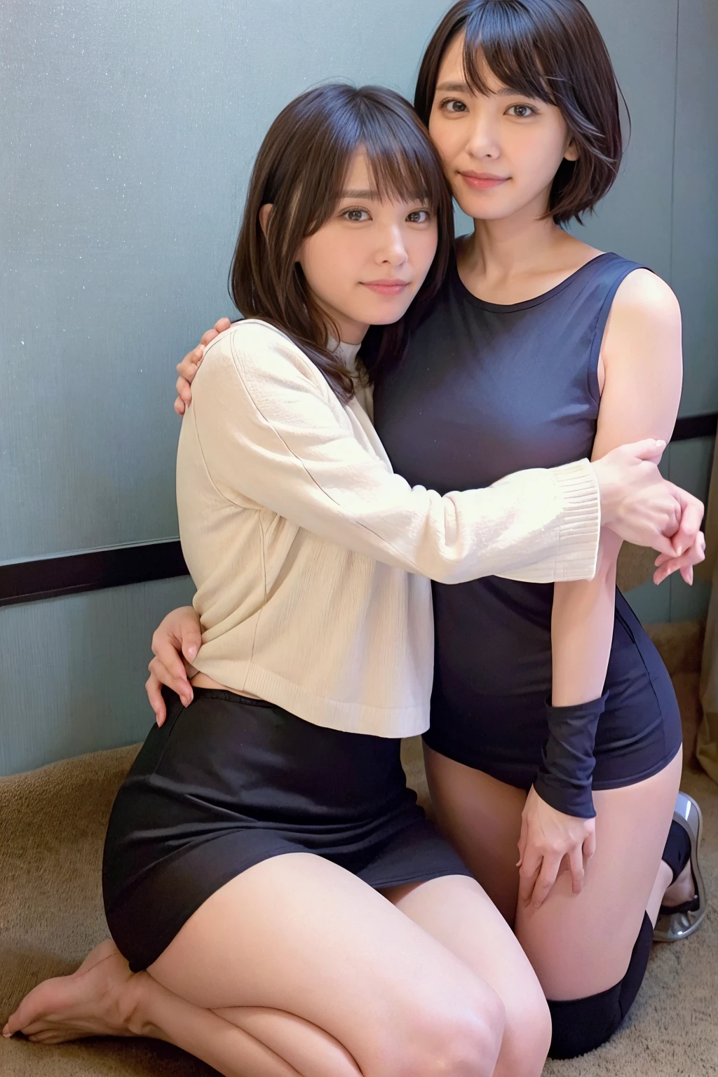(Highest quality, masterpiece, Photo Real, Super detailed, Ultra-high resolution, born:1.3), (Two women laughing at the camera), beautiful, Japanese, 20-year-old, (mini skirt), (Looking at the camera and laughing with his mouth wide open), high waist, office, (Long legs, High heels, whole body:1.2),(Top view:1.2)