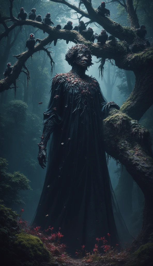 Statue of a cursed man in a deep forest,
A tree branch grows just above the cursed statue, where a large number of birds with lurid red eyes are perched. The head and shoulders of the cursed statue are covered with a large amount of faeces, 
Masterpiece, best quality,