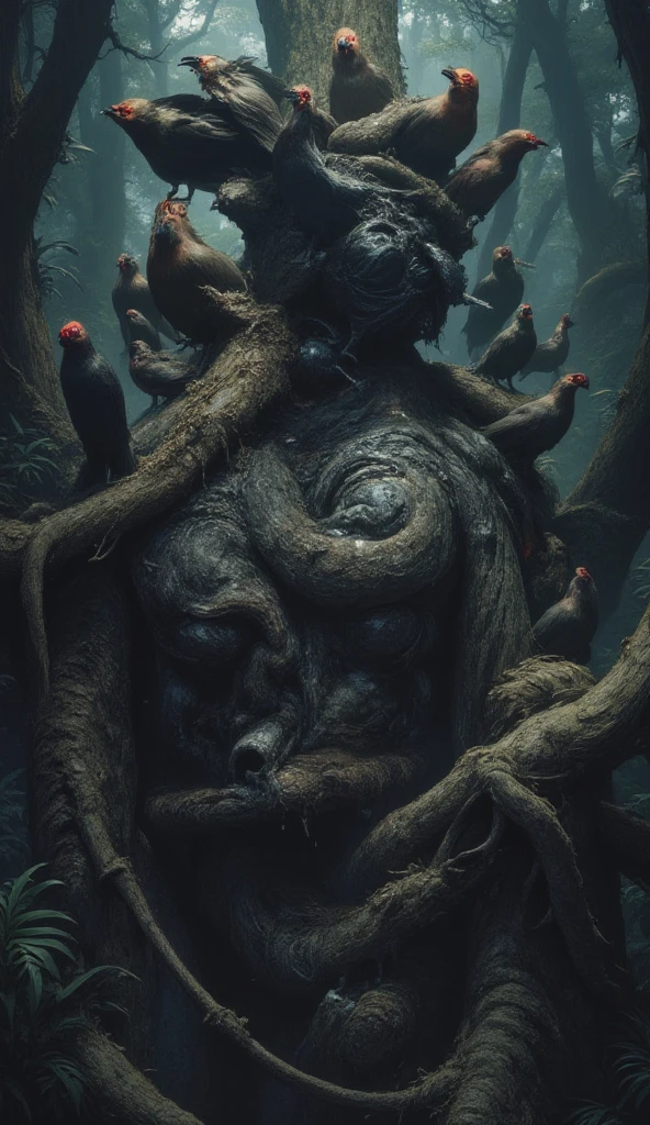 Statue of a cursed man in a deep forest,
A tree branch grows just above the cursed statue, where a large number of birds with lurid red eyes are perched. The head and shoulders of the cursed statue are covered with a large amount of faeces, 
Masterpiece, best quality,