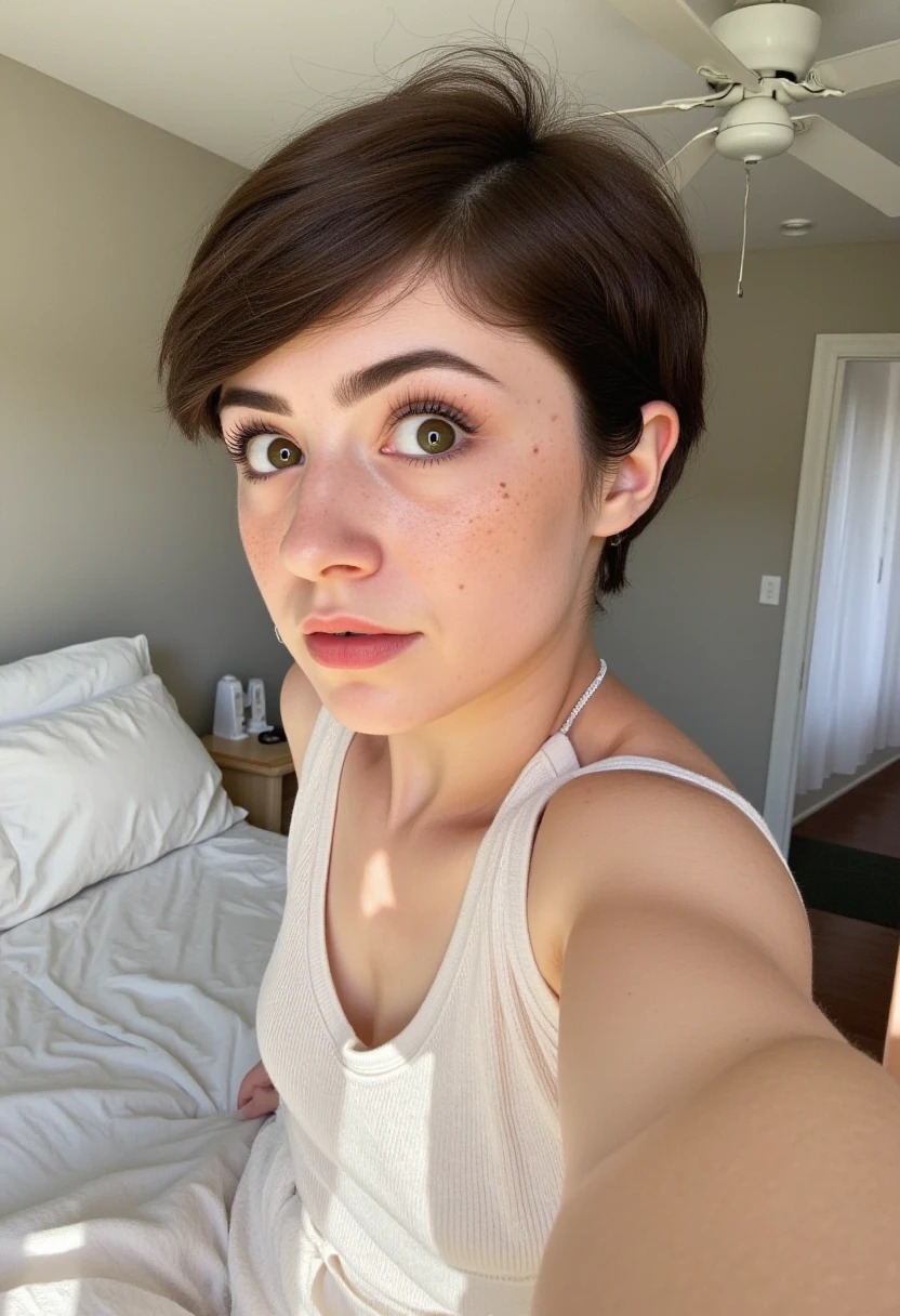 A mirror selfie of chrissy on her bedroom, short hair, green eyes, freckles.