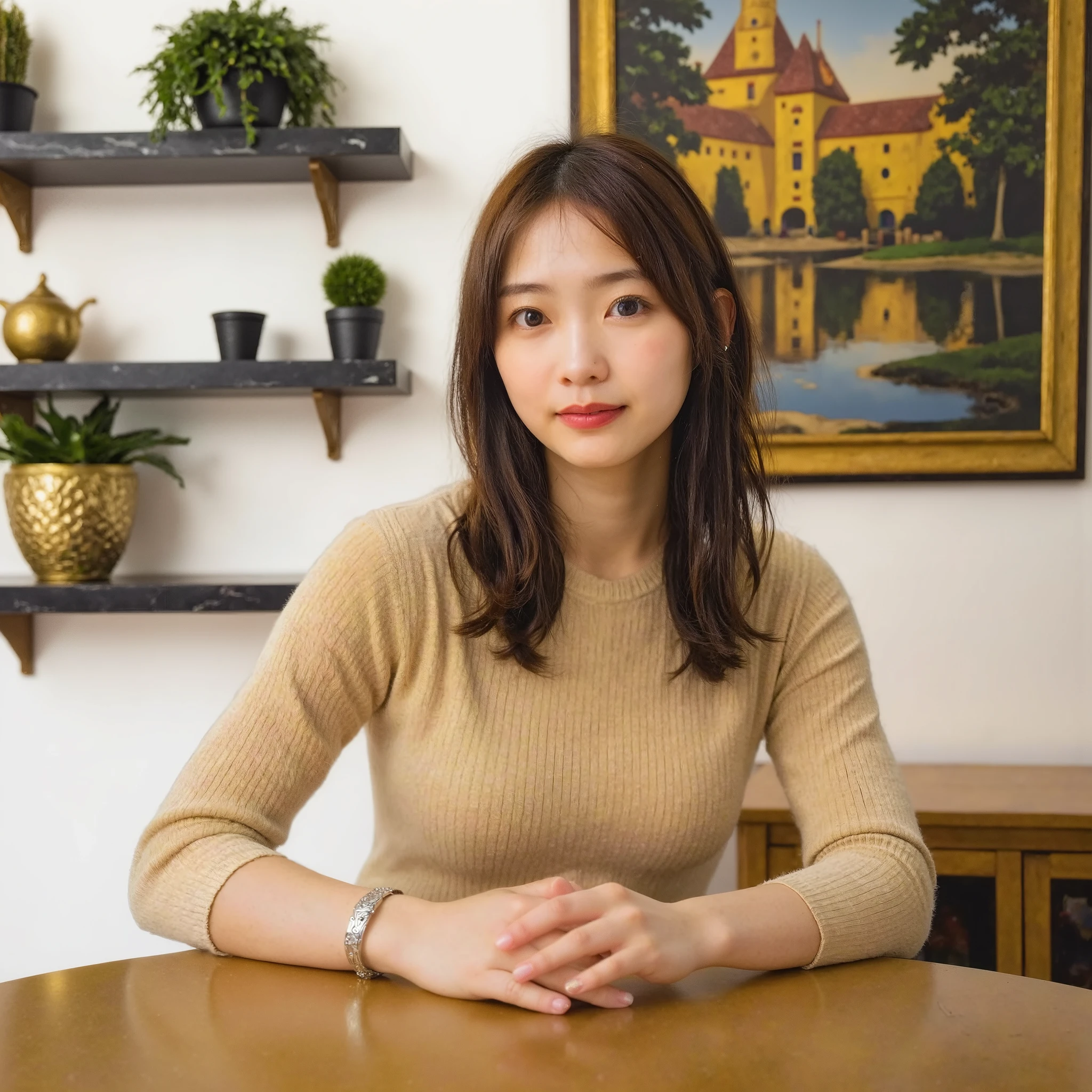 A cozy indoor setting featuring a young woman sitting at a golden table. She has long, wavy, light brown hair falling naturally over her shoulders and is wearing a fitted, long-sleeved Golden top. Her expression is warm and relaxed, with a slight smile, and her head is slightly tilted as she looks directly at the camera. A silver bracelet is visible on her right wrist, resting on the table. The background includes Gold and black marble shelves mounted on a white wall, decorated with small potted plants, a Golden teapot, and a textured Golden vase. To the right of the shelves, there is a framed painting of a Golden Castle, showing a sunset or sunrise over a body of water surrounded by trees. Below the painting, a Golden cabinet adds to the cozy, Luxury ambiance. The lighting is soft and natural, creating a warm and inviting atmosphere with earthy tones and a relaxed mood.