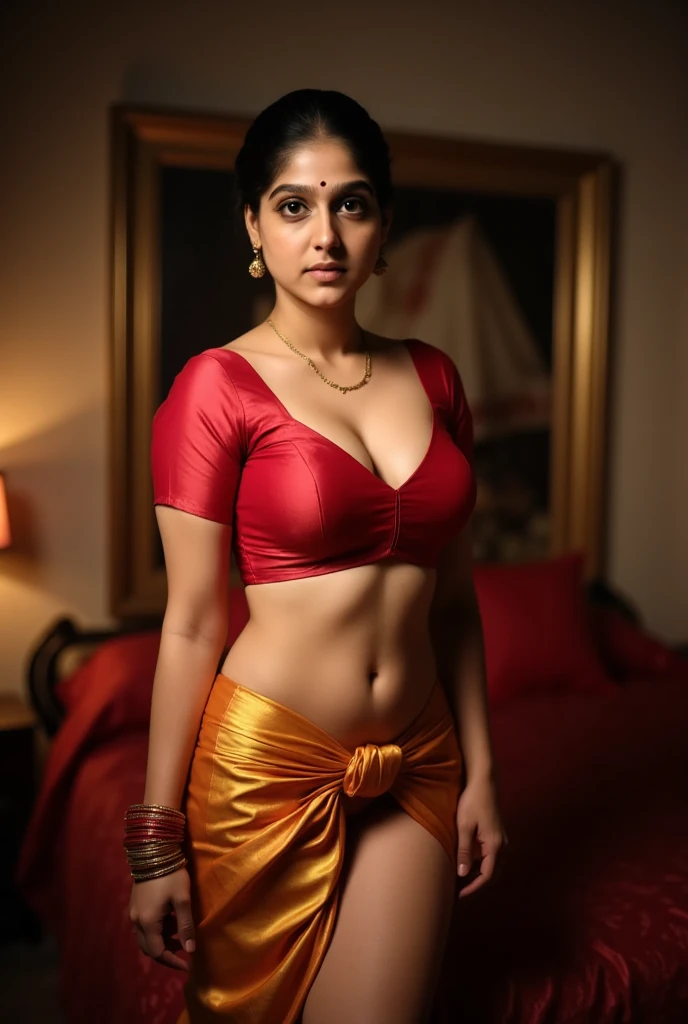 sexy indian woman in red sari posing in a room, with a seductive smile, traditional beauty, with brown skin, sexy girl with dark complexion, indian, sexy look, indian girl with brown skin, dressed in a sari, wearing a sari, sultry body with sexy belly, model with attractive body, indian goddess, fully covered in drapes, gorgeous woman, provocative indian