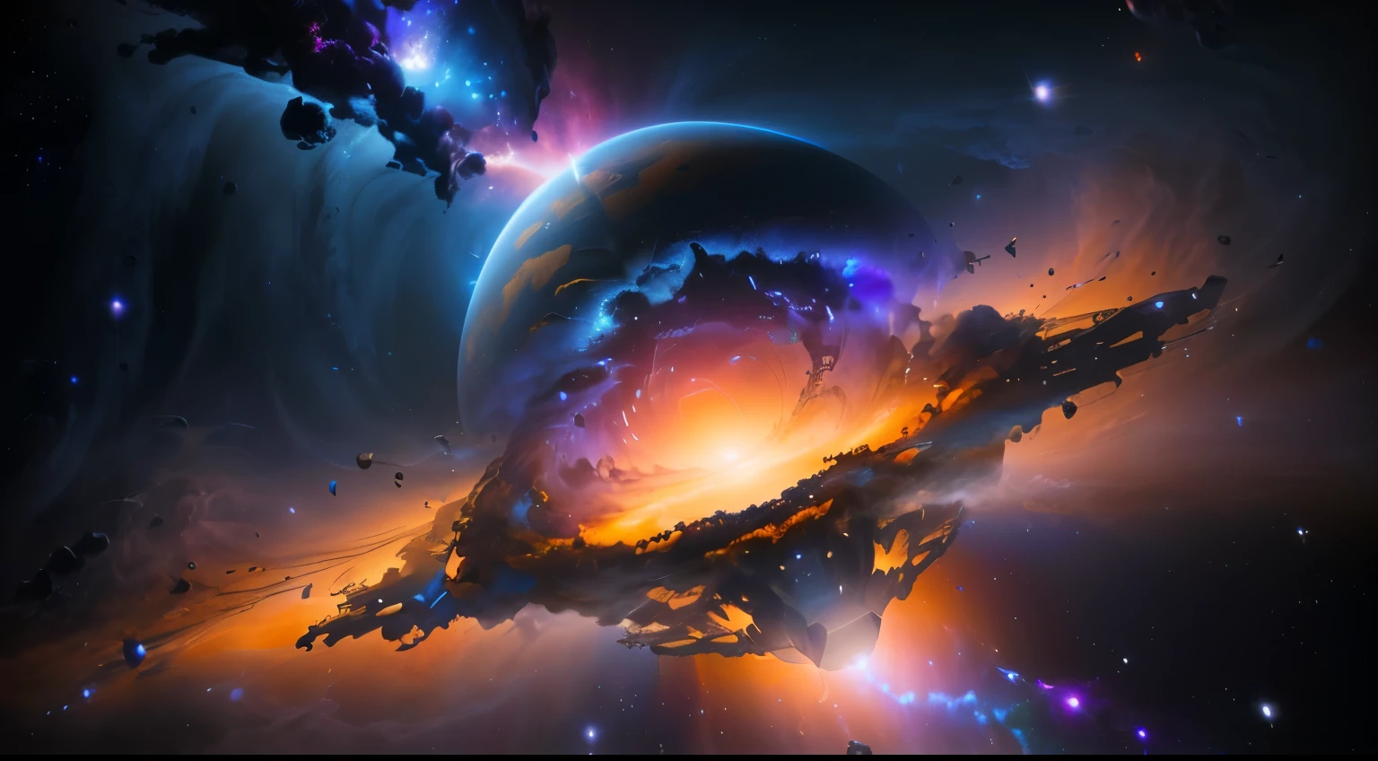 spaceship flying through space 、 planets in the background , A magnificent and beautiful space science fiction, Sci-Fi Fantasy Wallpaper, Fantasy Space, Amazing Space Creatures 4K , Epic spaceship scene, SF Digital Art , sci-fi fantasy desktop wallpaper , Sci-fi art, Epic sci-fi fantasy art, SF Artwork , 美しいSci-fi art, epic fantasy sci-fi illustration 、 in the center is a huge black hole from an interstellar movie , Super High Definition, high definition , High Quality , plasma clouds 、gravitational radiation 、 swirling chaotic light 、 emits a huge jet of plasma in a vertical direction from the center、Spacetime is distorted and images look distorted、Gradient with unclear and vague outlines 、