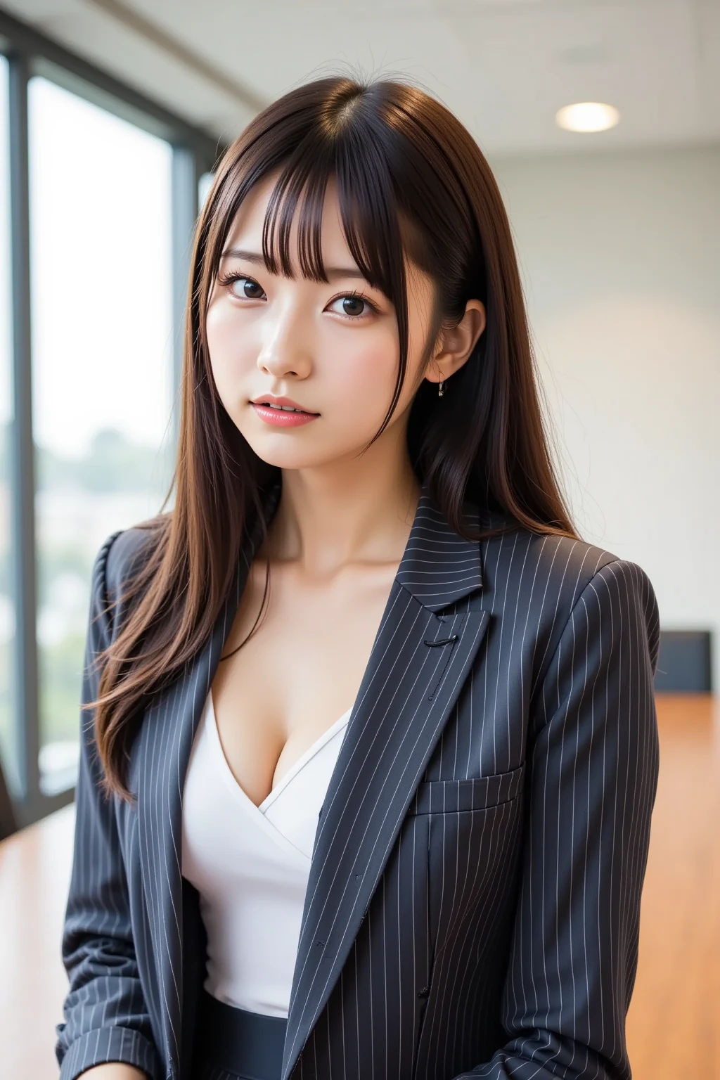 Masterpiece,  best quality ,  from the side 1 girl , Alone,  upper body, Some ,  stylish business wear ,  with a gray pinstripe suit 、 I can see part of the fitted jacket,  wearing a white tank top inside in a bright conference room ,   serious expression, subtle  reflections  on the meeting table,  focusing on the details of the face and suit , slightly turned to the side" ( accentuating details of the face and suit ,  reflections , sharp focus).