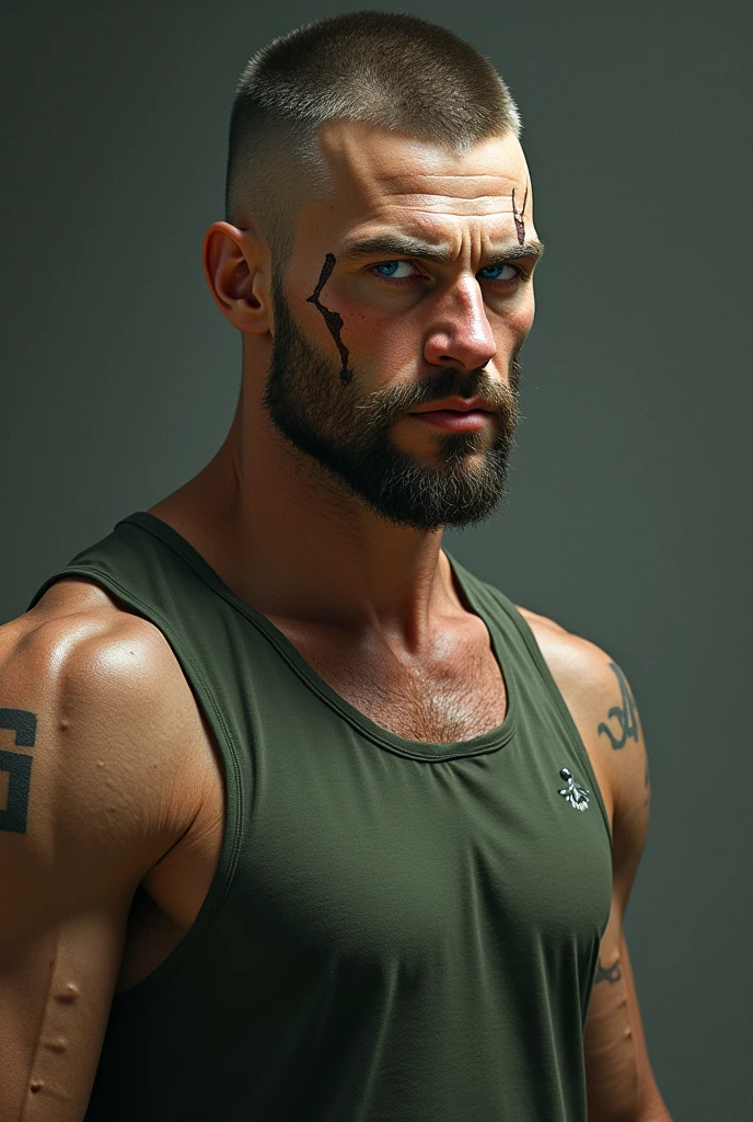 Muscular man with a lot of anger running with knives in his hands, fibrado, fibras musculares, cabelo estilo ibrahimovic, coque samurai, Small details of cyberpunk robot, em um lugar sombrio e escuro, floresta escura,