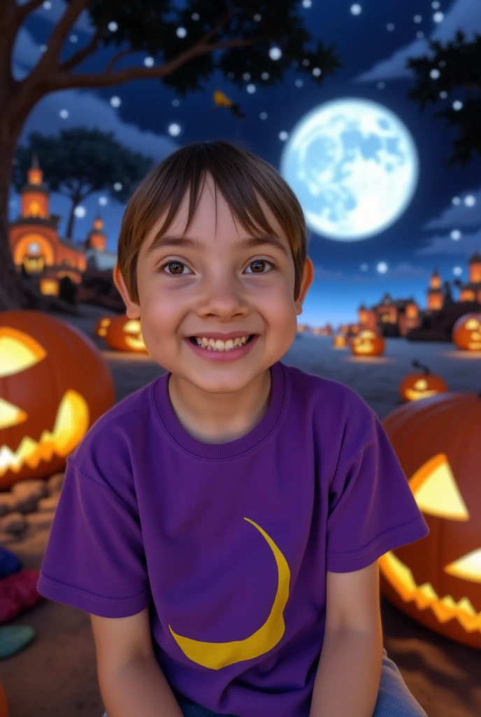 Take me a picture of a 1 boy with a purple t-shirt with a yellow half moon in halloween Background 