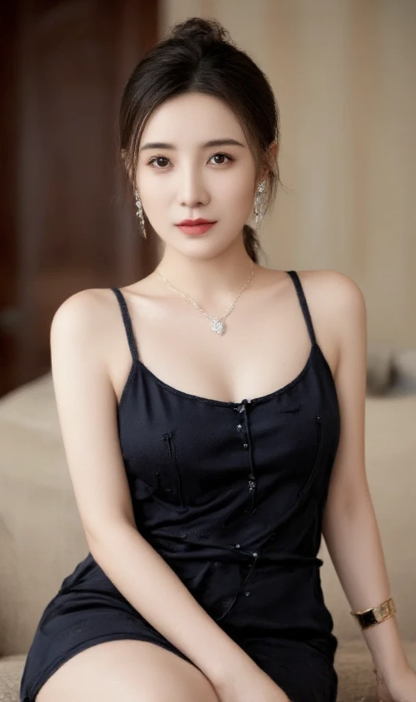 (Masterpiece: 1.2, Best Quality), Realistic, (Realistic Picture, Complex Details, Depth of Field), Best Quality, Masterpiece, Highly Detailed, Realistic, 1 mature, thai Mature woman, 45 Years Old, highlight brown Hair, sexy hair, living room, sitting, chest out, big chest, huge breasts, thin lips, full body photo view, looking at the camera, diamond necklace, earrings, apple watch, gold bracelet, naughty smile, mature wife, size H-Cup breasts, wearing sleeveless spaghetti strap nightgown, sexy tied hair, thin circle round glasses