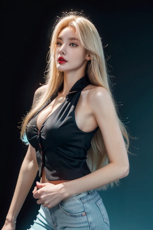 A slender woman, red glossy lips,(Extremely detailed beautiful face)), (best quality), (Super detailed), (Extremely detailed CG unified 8k wallpaper),original photo, (standing), (dark cyan background:1.5),(cleavage),(average light source),black shorts,(blonde),(studio Light),(非常average light source),(Frontal fill light),(Frontal light source),(black vest),suit,jeans