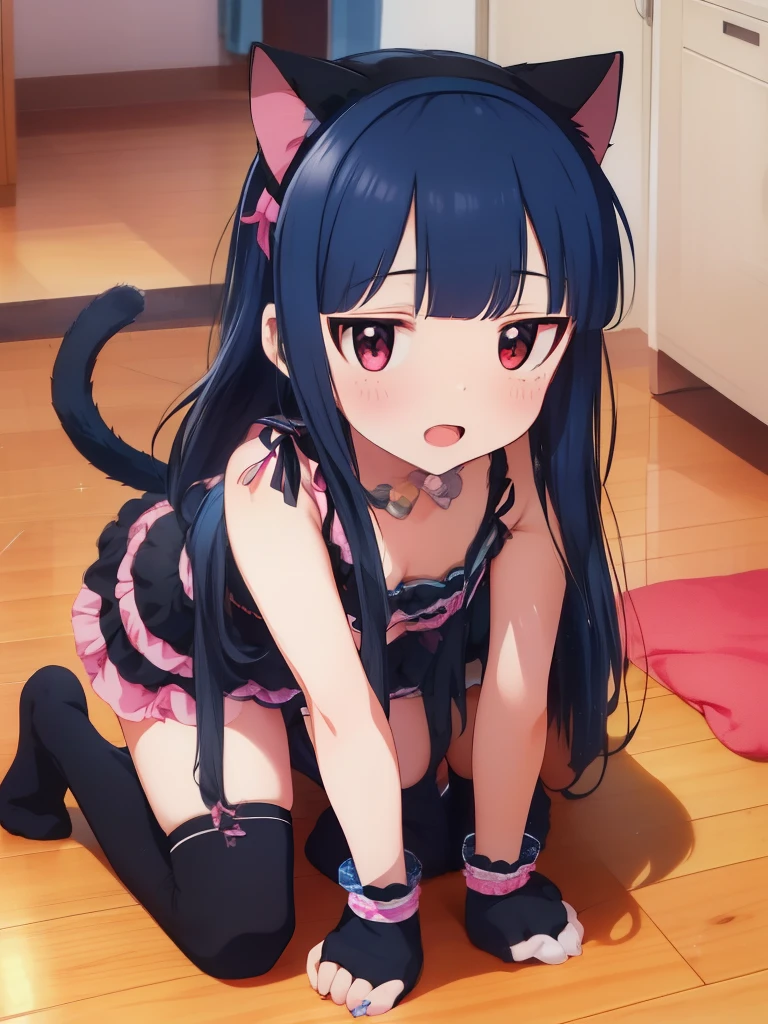 yukimi, ., long hair, blunt bangs, flat chest, expressionless, shy, (cat lingerie, cutout:1.2), crawling all fours,  paw pose, cat head band, cat tail, (cat gloves, cat boots:1.2), (choker with a bell), upward glance, open mouth, best quality, masterpiece, 4k, cowboy short, full body, action pose, bare shoulders, Collarbone, cleavage cutout