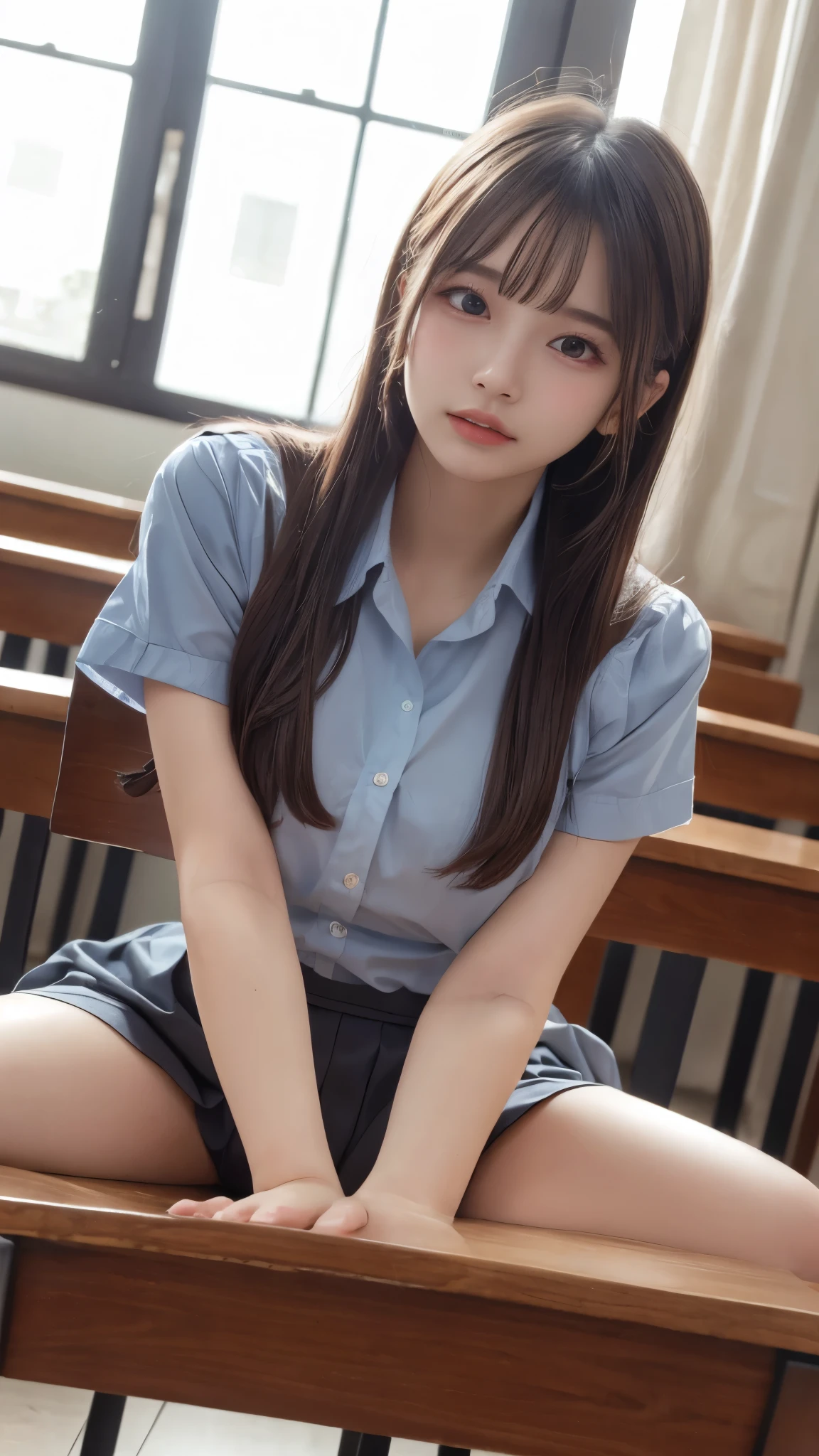(spreading her legs for the camera:1.5)、(open legs:1.5)、(I can see my pants:1.2)、((No makeup:1.2))、(realistic、Photoreal、super detailed、best detailed skins、highest quality、masterpiece、Super high resolution)、cute japanese woman、、high school girl、young girl、1 girl、have bangs、double eyelid、purity、double teeth、realistic肌タイプ、fluffy hair、red cheeks、(school uniform shirt)、white shirt with collar、checked skirt、(black hair)、bright classroom、(school classroom)、machine、Chair、bright atmosphere、8K RAW photo、High resolution、(very big round breasts:1.2)、beautiful eyes、detailed eyes、drawn in detail、long eyelashes、美しいdouble eyelid、beautiful and very thin legs、(Beautiful and very thin thighs),simple necklace、extremely short skirts、Quite embarrassed look、red cheeks、(troubled face)、(camera angle from below)