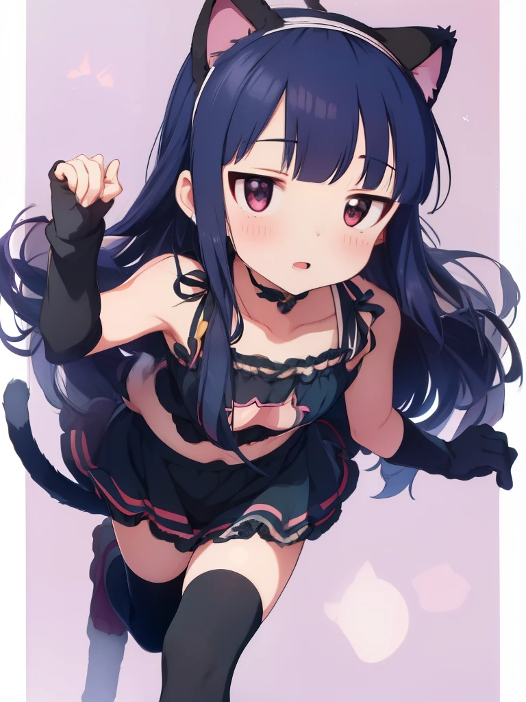 yukimi, ., long hair, blunt bangs, flat chest, expressionless, shy, (cat lingerie, cutout:1.2), crawling all fours, paw pose, cat head band, cat tail, (cat gloves, cat boots:1.2), (choker with a bell), upward glance, open mouth, best quality, masterpiece, 4k, cowboy short, full body, action pose, bare shoulders, Collarbone, chest cutout