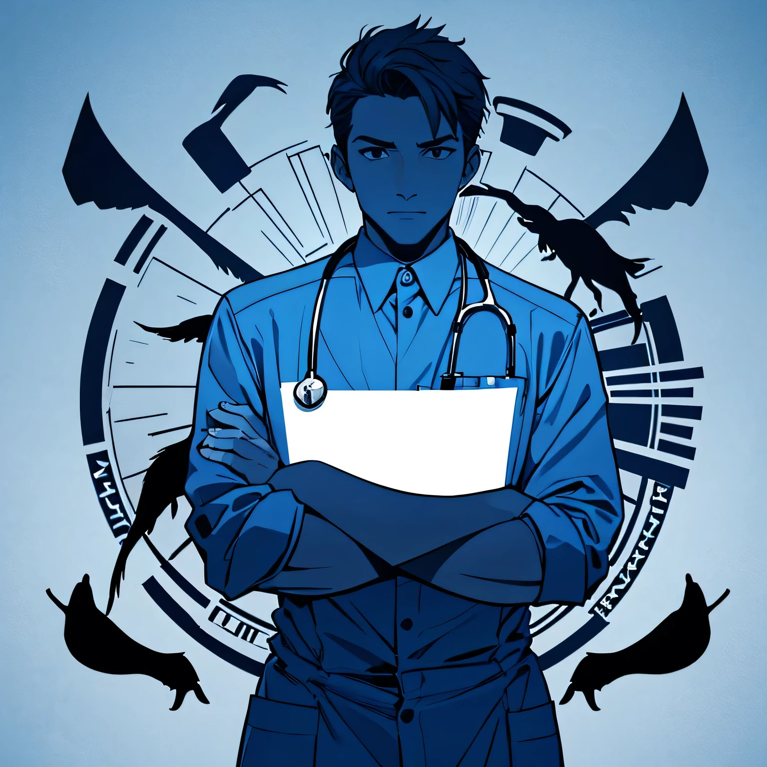 A stylish and professional logo design featuring the silhouette of a male nurse with crossed arms, inspired by the reference image. The silhouette includes additional elements like a stylized intestine in the background and a stethoscope integrated into the design. The color scheme is predominantly navy blue to light blue, creating an elegant and modern feel. The male nurse silhouette conveys confidence and skill, appealing to urban women aged 30-40. The logo should have a sleek, minimalist style suitable for use on business cards and landing pages. Ensure the overall design balances professionalism and approachability, with a focus on the concept of health and wellness.