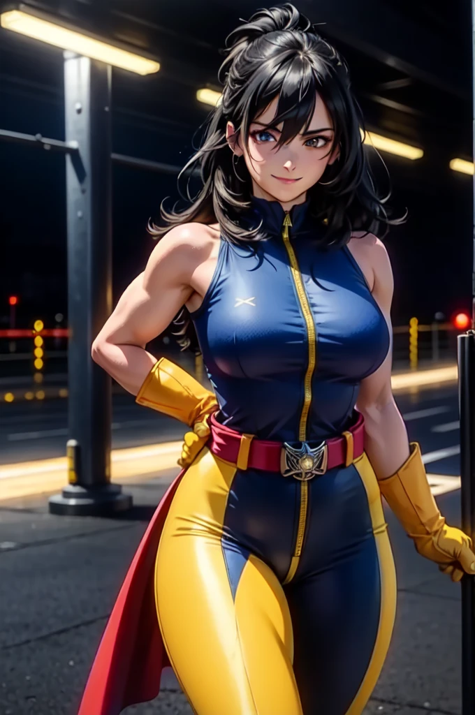 ( masterpiece ,  best quality :1.4), cinematic light, colorful,   spectral colors , (1 ), shimura,  my gym hero ,  (( yellow gloves )),  black hair,   long hair, [ folded ponytail:0.5], (capa branca), ( big breasts),  blue eyes,  sleeveless , Full body ,   of hair between the eyes, belt,  city, smirk, not,  perfectly highlight complex anatomical features. SFX complement the visual art, Engaging the viewer. The level of detail is inspiring,