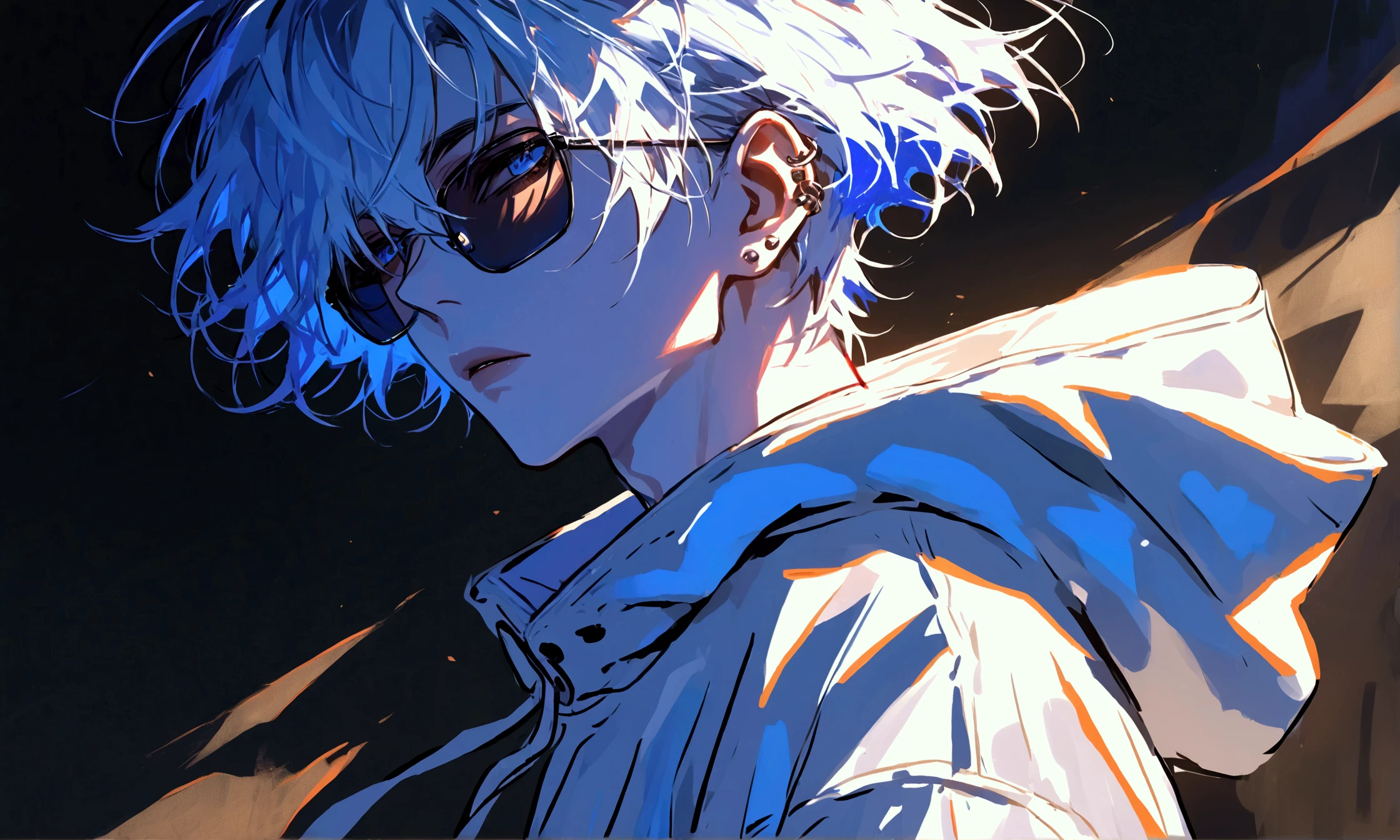  impasto,  short hair, Masterpiece,  best quality , 1 person , white hair ,  perfect face ,  Blue Eye  ,   handsome man   , Alone,  blue-white skin ,  adult male  ,  upper body , Delicate line drawing, side View ,  very detailed ,  black background , sketch ,  Stylish clothes , black sunglasses , white oversized hoodie with put on a hood , modern style , piercing , Sneaker , star