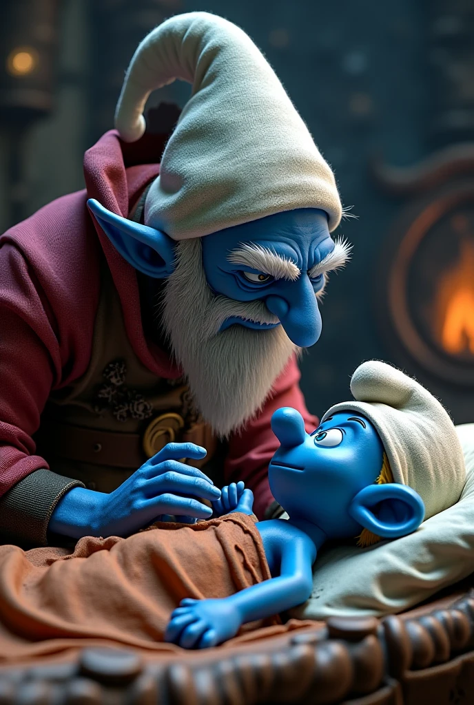 Papa Smurf is very handsome, tall, muscular, and covered in tattoos. He is a middle-aged man with long white hair and a long beard, sitting in a chair and wearing his red Papa Smurf hat. On his lap sits Smurfette, who is tall with long blonde hair, red eyes, tattoos, and a voluptuous figure with large breasts and hips. Smurfette is hugging Papa Smurf while sitting on his lap. Papa Smurf has a cigar in his mouth, and in his hand, he holds a gold-plated AK-47, with the butt of the rifle resting on his knee and the barrel pointing towards the ceiling. The background shows the Smurfs' village. The photo should have a realistic style.