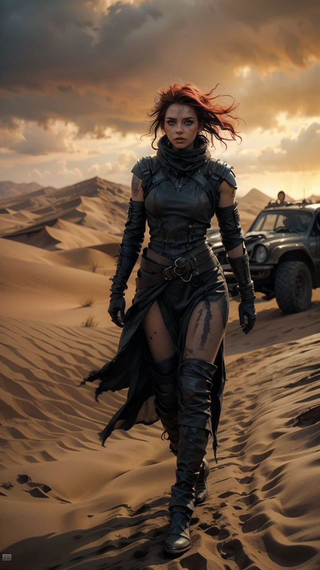 높은 각도에서 본 초 realistic 이미지: ((Sexy woman with pale skin, Grey face and green eyes, Sexy dress, Mad Max style post Apocalypse Costume, Ripped and with large gaps, Black metal piece armor, Wearing dreadlocks with black and metallic spiked beads)), (Long red hair messy, dirty), Gothic makeup, Wide black smudged eyeshadow, Stop on the desert dunes,  Proud ,  Pride , canosa, Athletic body with scars, Disheveled red hair with a fierce look and black metal beads and spikes. She stands next to her battle car like Furiosa from the Mad Max saga, auto robusto oxidado y dirty lleno de picos y armas, Desolate desert landscape. She stands walking on the sand dunes of a post-apocalyptic desert.,  ray tracing , Viento, Desolate desert landscape, (Aesthetics and atmosphere:1.2), can, I'm watching an annoyed , vengeful, Fire red eyes，Wide shot,  full body. ( raw photo ,  better quality ), ( realistic, photo- realistic:1.3), masterpiece, A very perfect and beautiful fully tattooed body, Highly detailed pale body, Top quality score, Very dynamic pose,  close-up, High visibility, Dark atmosphere like desert, Disliked pose, Fists clenched in anger,  Decertic dunes, Fists clenched in anger, Barbed wire.