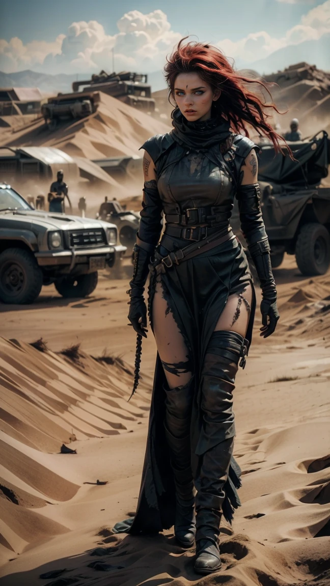 높은 각도에서 본 초 realistic 이미지: ((Sexy woman with pale skin, Grey face and green eyes, Sexy dress, Mad Max style post Apocalypse Costume, Ripped and with large gaps, Black metal piece armor, Wearing dreadlocks with black and metallic spiked beads)), (Long red hair messy, dirty), Gothic makeup, Wide black smudged eyeshadow, Stop on the desert dunes,  Proud ,  Pride , canosa, Athletic body with scars, Disheveled red hair with a fierce look and black metal beads and spikes. She stands next to her battle car like Furiosa from the Mad Max saga, auto robusto oxidado y dirty lleno de picos y armas, Desolate desert landscape. She stands walking on the sand dunes of a post-apocalyptic desert.,  ray tracing , Viento, Desolate desert landscape, (Aesthetics and atmosphere:1.2), can, I'm watching an annoyed , vengeful, Fire red eyes，Wide shot,  full body. ( raw photo ,  better quality ), ( realistic, photo- realistic:1.3), masterpiece, A very perfect and beautiful fully tattooed body, Highly detailed pale body, Top quality score, Very dynamic pose,  close-up, High visibility, Dark atmosphere like desert, Disliked pose, Fists clenched in anger,  Decertic dunes, Fists clenched in anger, Barbed wire.