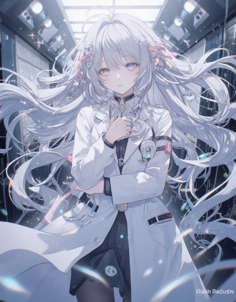 长发白大褂的Anime Girl站在走廊里,  girl frontline style , From Girls Frontline,  from Arknights,  portrait of an anime space student girl , 可爱的Anime Girl, Anime visual effects ， cute girls, Silver-haired girl, Anime Girl, anime mechanical aesthetics , Anime Aesthetics, Beautiful Anime Portraits , 肖像Anime Girl, 漂亮Anime Girl, 美丽的Anime Girl