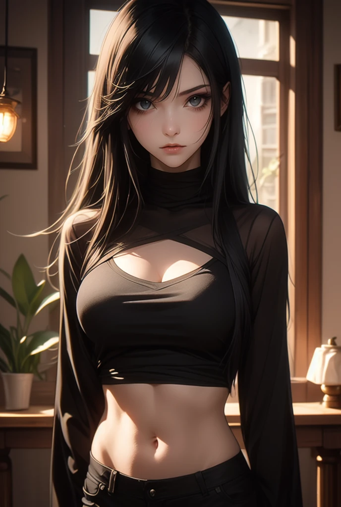 obra maestra, ultra calidad, good lighting, sombras, perfect anatomy, posando, 1 chica, 21 years, chica madura, rostro lindo, cuerpo lindo, cabello largo negro, ojos negros, ojos seductores,uniforme de voleibol, background room, small waist, trasero, pechos, muslos, seductora, caliente, picante, nsfw,