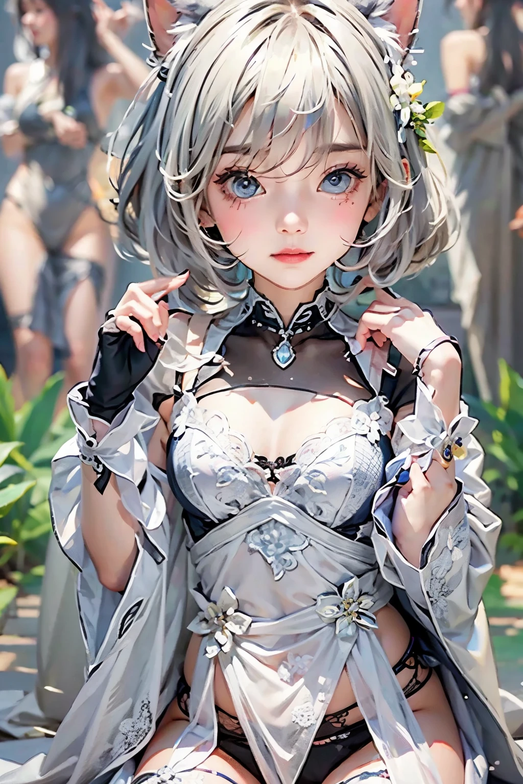 (  top quality , Masterpiece,    high definition   )、  8K Anime Art  、(  one woman、20 years old)、whole body、 ( teeth、 depicts details of cute faces)、  black hair、  short hair、  semi-long 、  bob cut、 hair bang、  hair ornament、(cat ears)、  black cat costume 、  White cat costume    、  choker 、(Sheer Chiffon Lingerie )、  sexy mini dress、 BEAUTIFUL AND ATTRACTIVE  、  embarrassed expression、Expressions of joy、 small breasts、(   lie down in bed :1.2)、(  Sensual World)、(  soft focus )、(Bokeh:1.2)、  Cinematic Lights  、Soft light、(indoor、dim、lamp)、( simple background)、(blank background)、(  fractal art )、( Alphonse Mucha style)、