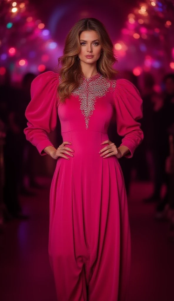 A tall woman with an hourglass figure stands confidently in a lively party environment, exuding charm with a flirtatious expression. Her wavy golden-brown hair cascades gracefully around her shoulders, adding a soft touch to her bold look. She wears a stunning Punjabi-style kurti crafted from pure velvet fabric in a rich pink hue, adorned with intricate multicolor mirror stone work on the high-neck yoke, adding sparkle and elegance. The kurti features slim-fit three-quarter sleeves with exaggerated, puffy shoulders, creating a dramatic and fashionable silhouette. Paired with a matching velvet dhoti-style shalwar, the outfit flows beautifully, emphasizing her graceful stance. She completes the look with high heels, confidently carrying herself in the glamorous party setting. The atmosphere around her is vibrant, with ambient lighting and a sense of celebration.