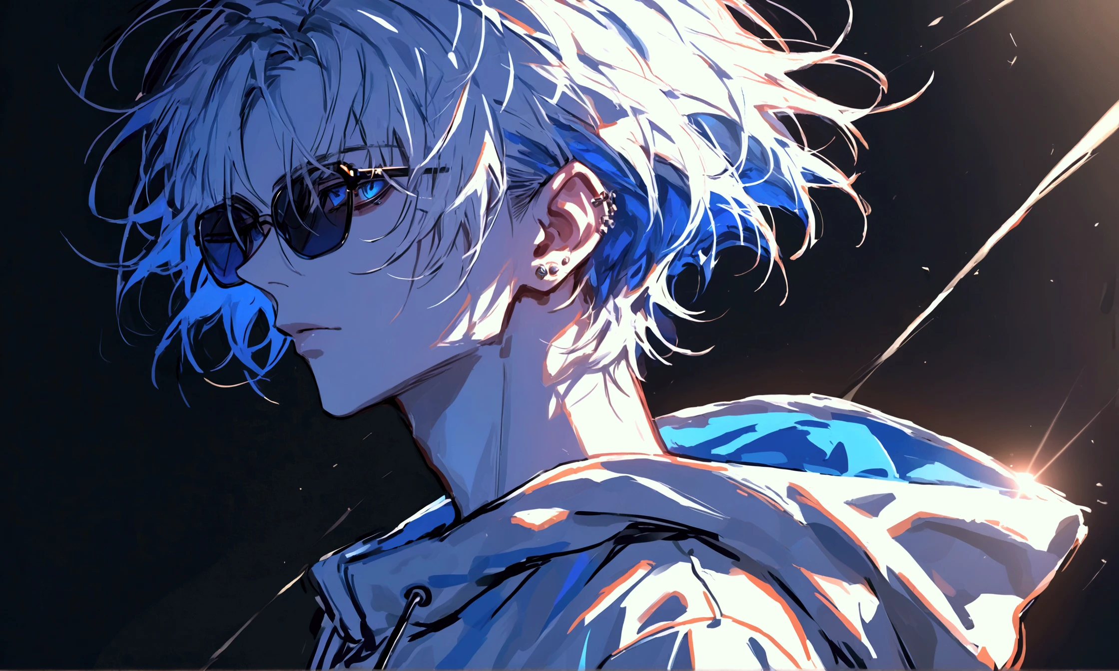  impasto,  short hair, Masterpiece,  best quality , 1 person , white hair ,  perfect face ,  Blue Eye  ,   handsome man   , Alone,  blue-white skin ,  adult male  ,  upper body , Delicate line drawing, side View ,  very detailed ,  black background , sketch ,  Stylish clothes , black sunglasses , white oversized hoodie with put on a hood , modern style , piercing , Sneaker , star