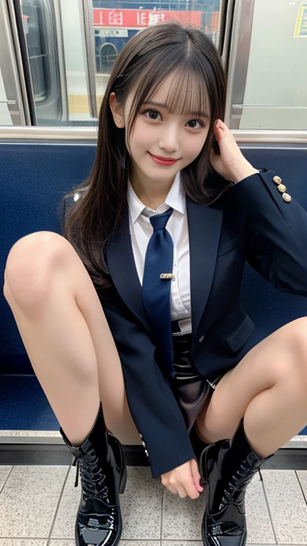 (Tabletop, highest quality:1.2), 8k, Official Art, Full body photo, Whole Body Ezbian、Emma is tying her tie.pants、Cute Smile、Cute ass、Keep your bag cool、Black-haired、14 years、、fun、Laughter、unbelievably ridiculous, (Upper Body, Dark blue suit:Cute tie 1.4), beautiful girl, Pretty face, lean back, Cute ass、Gold ornament in hair、Wearing a cute suit、Strike a Pose、Raise your hands、close, Wearing a suit, Short sleeve, Gardenia, Violet, Teen, street, View your viewers, Film Grain, chromatic aberration, Sharp focus, Face Light, Dynamic Lighting, Cinema Lighting, Eyes and facial details, Bokeh Background, (A tie with the word &quot;Emma&quot; written on it、1:1.2)、((Sexy panties in full view:1.05))、((Spread your legs wide:1.45))