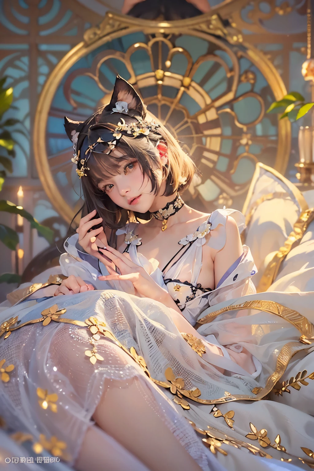 (  top quality , Masterpiece,    high definition   )、  8K Anime Art  、(  one woman、20 years old)、whole body、 ( teeth、 depicts details of cute faces)、  black hair、  short hair、  semi-long 、  bob cut、 hair bang、  hair ornament、(cat ears)、  black cat costume 、  White cat costume    、  choker 、(Sheer Chiffon Lingerie )、  sexy mini dress、 BEAUTIFUL AND ATTRACTIVE  、  embarrassed expression、Expressions of joy、 small breasts、(   lie down in bed :1.2)、(  Sensual World)、(  soft focus )、(Bokeh:1.2)、  Cinematic Lights  、Soft light、(indoor、dim、lamp)、( simple background)、(blank background)、(  fractal art )、( Alphonse Mucha style)、