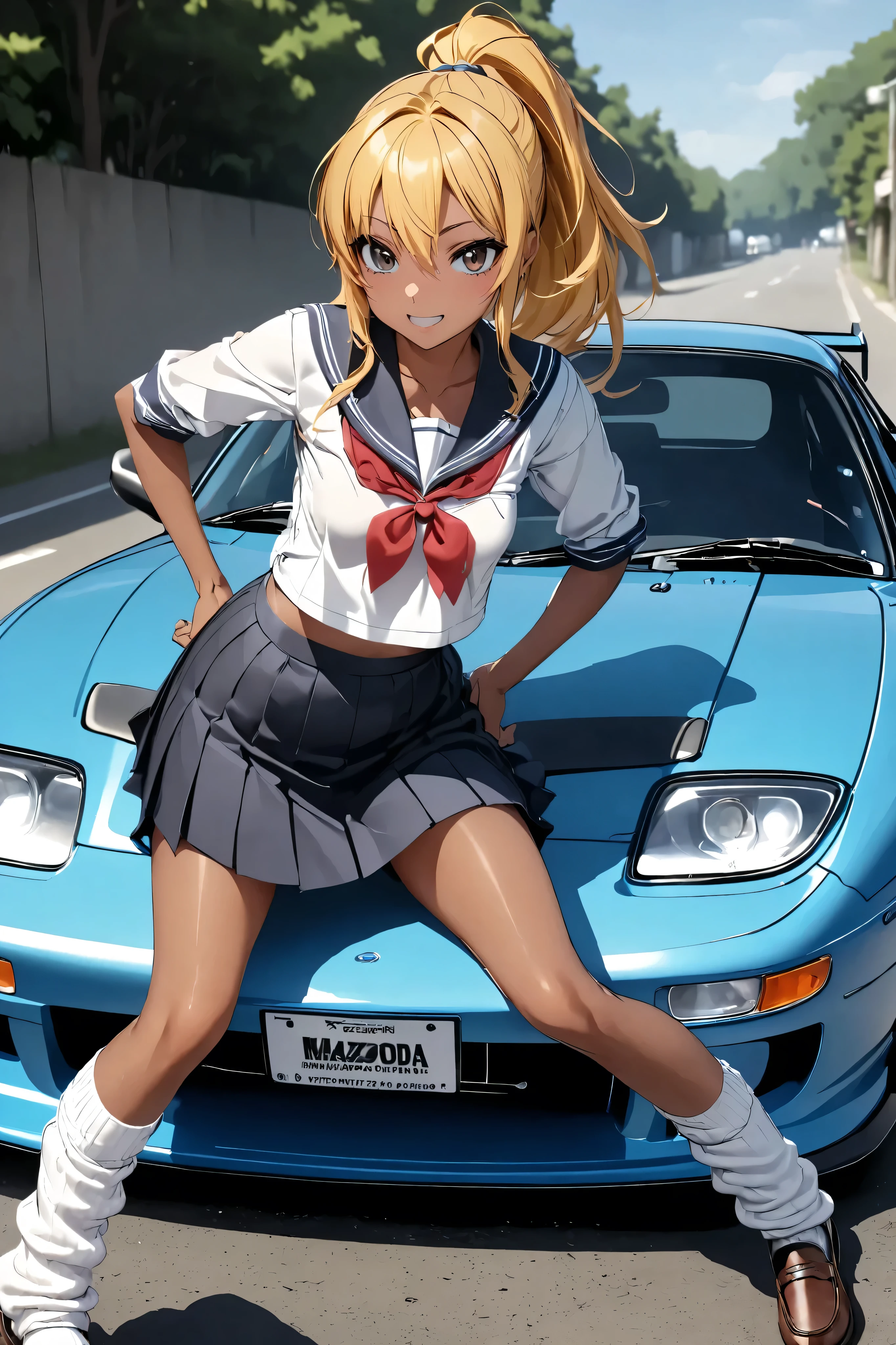 One bad high school girl posing next to a tuned MAZDA RX7, Sailor suit, loose socks, loafers, glossy brown skin, small breasts, video, Yellow Hair, ponytail,
