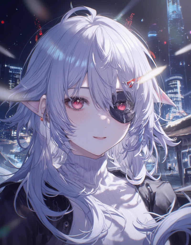 1 Girl, ( unique ),  Long white hair Anime girl with red eyes, White-haired girl, girl in white Turtleneck, ((Eye mask)), Pointed ears, ((vampire)), giggle,  with ambition , Shut up,  cowboy shooting, 完美的White-haired girl, White-haired gods,  digital cyberpunk anime art, Turtleneck,  lens flare, ((  Dramatic Lighting  )),  Soft Shiny Red Eyes ,  extremely detailed,  masterpiece,  looking at the audience ,  city background , (night)