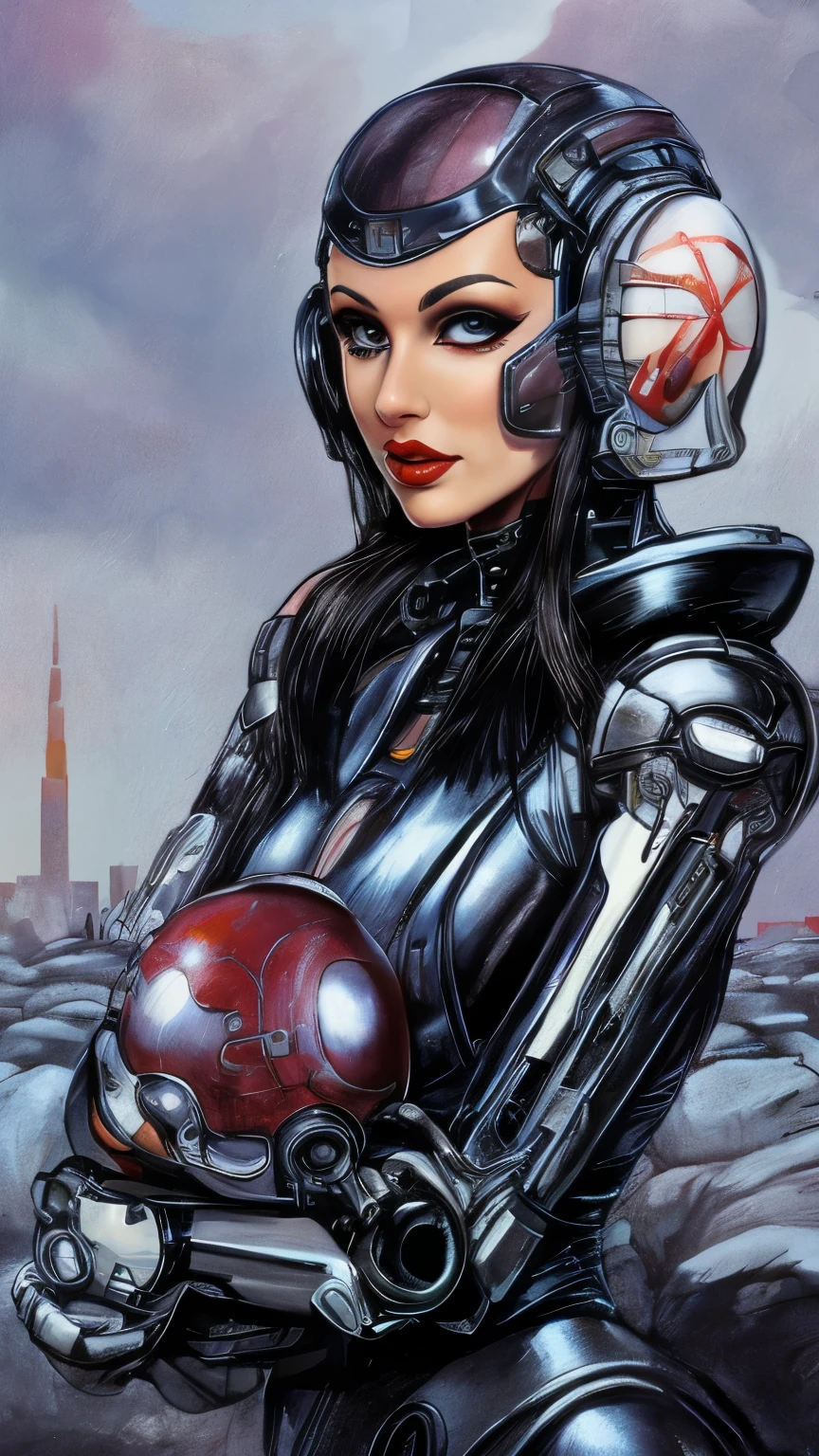  wearing a futuristic helmet 、 Closeup of woman wearing red lipstick,  Cyberpunk Jackie Wells , [cgsociety 9, style =  retrofuturism ,   Beautiful Android woman  ,  Portrait of a female bionic ,  retro futuristic fashion , Still from the movie 《blade runner》,  Female robot in the data center , Moebius aesthetics,  Alien robot movie drama ,  depicting a sci-fi scene ，Engage your audience, sitting,  Random Sexy Pose ,  female panther sexy posture ,  Adopts Curved Type 