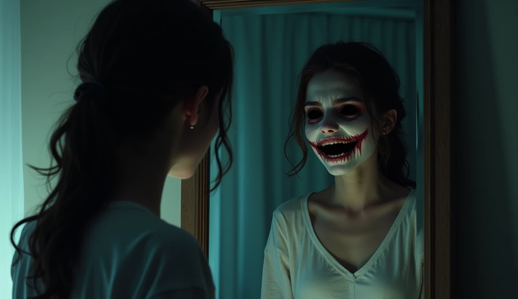 A woman looking at the mirror and sees a reflection of a scary creature 
