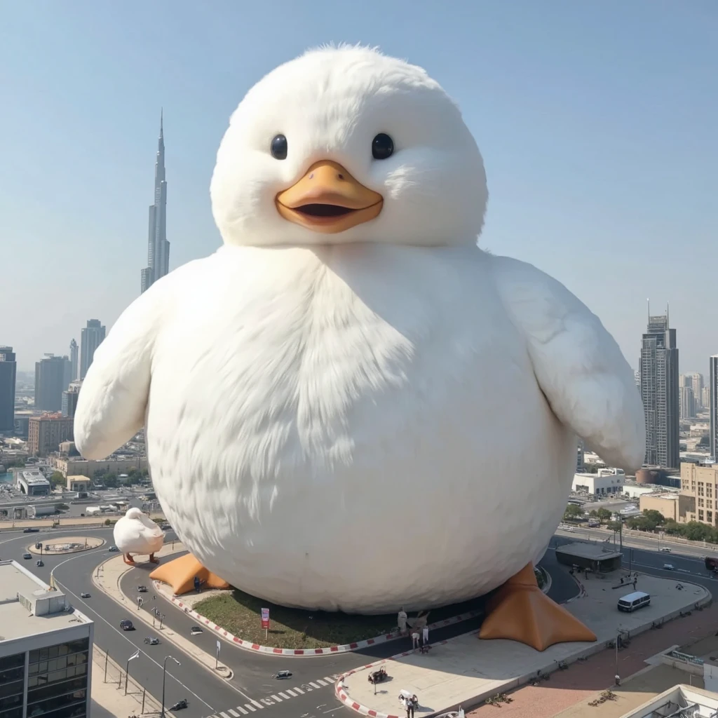 From above, a huge cute white duck, 10 times the size of Dubai's Burj Khalifa, the Dubai cityscape looking much smaller below, fantasy anime manga illustration art