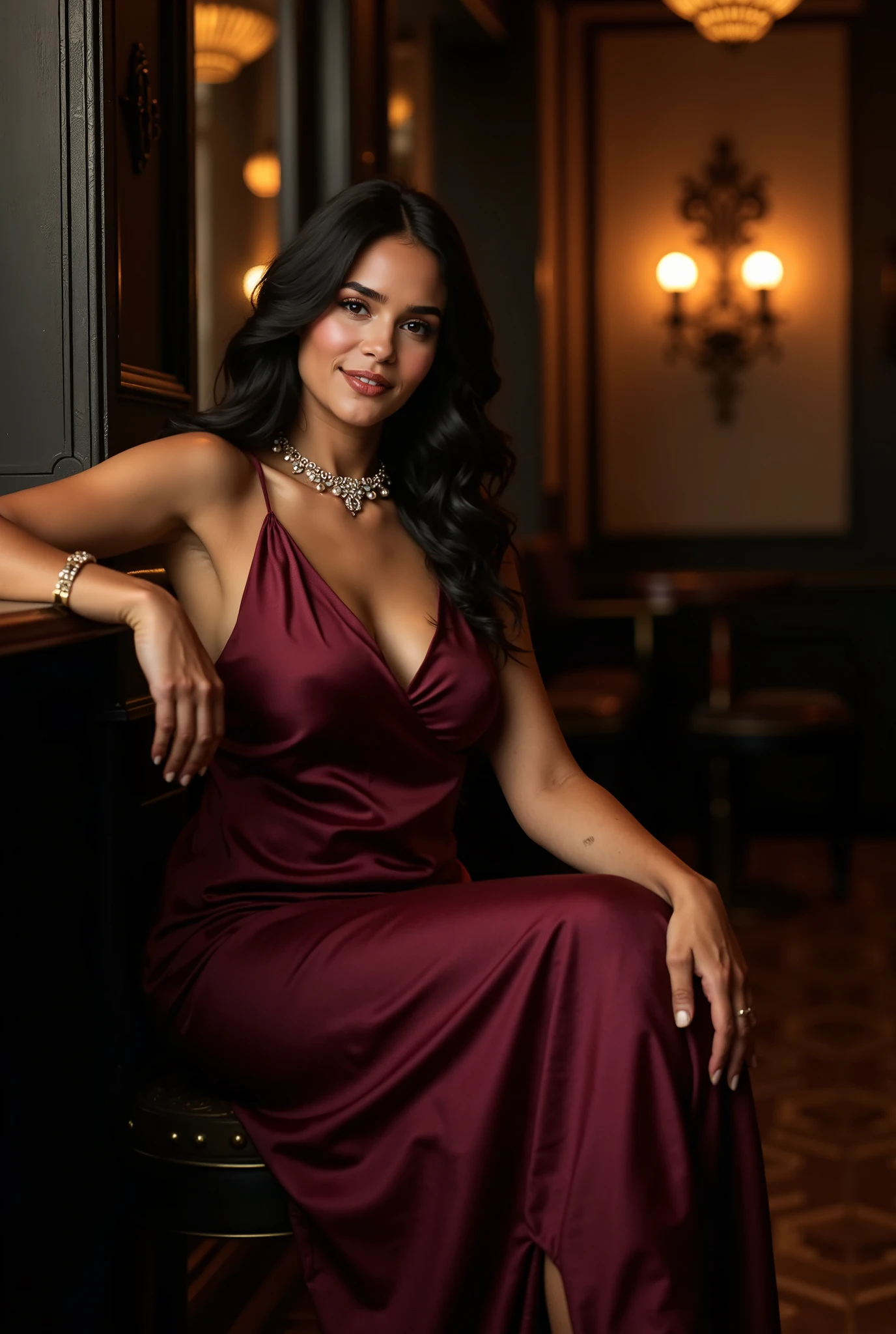 (small breasts:1.3), a gorgeous latin milf wearing a fancy orange satin dress at night, sensual and seductive smile, red lipstick, long black hair, extreme detail, hyperrealism, ultra-high resolution, masterpiece, intricate detail, best quality, sharp focus, RAW Photo