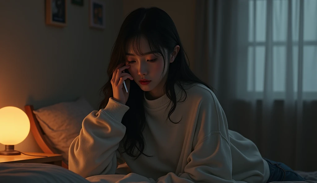 Make a black hair girl from afar laying in bed, staring at the roof with tears in her face, crying and touching her head, realistic picture, full body, with a calendar august on the wall