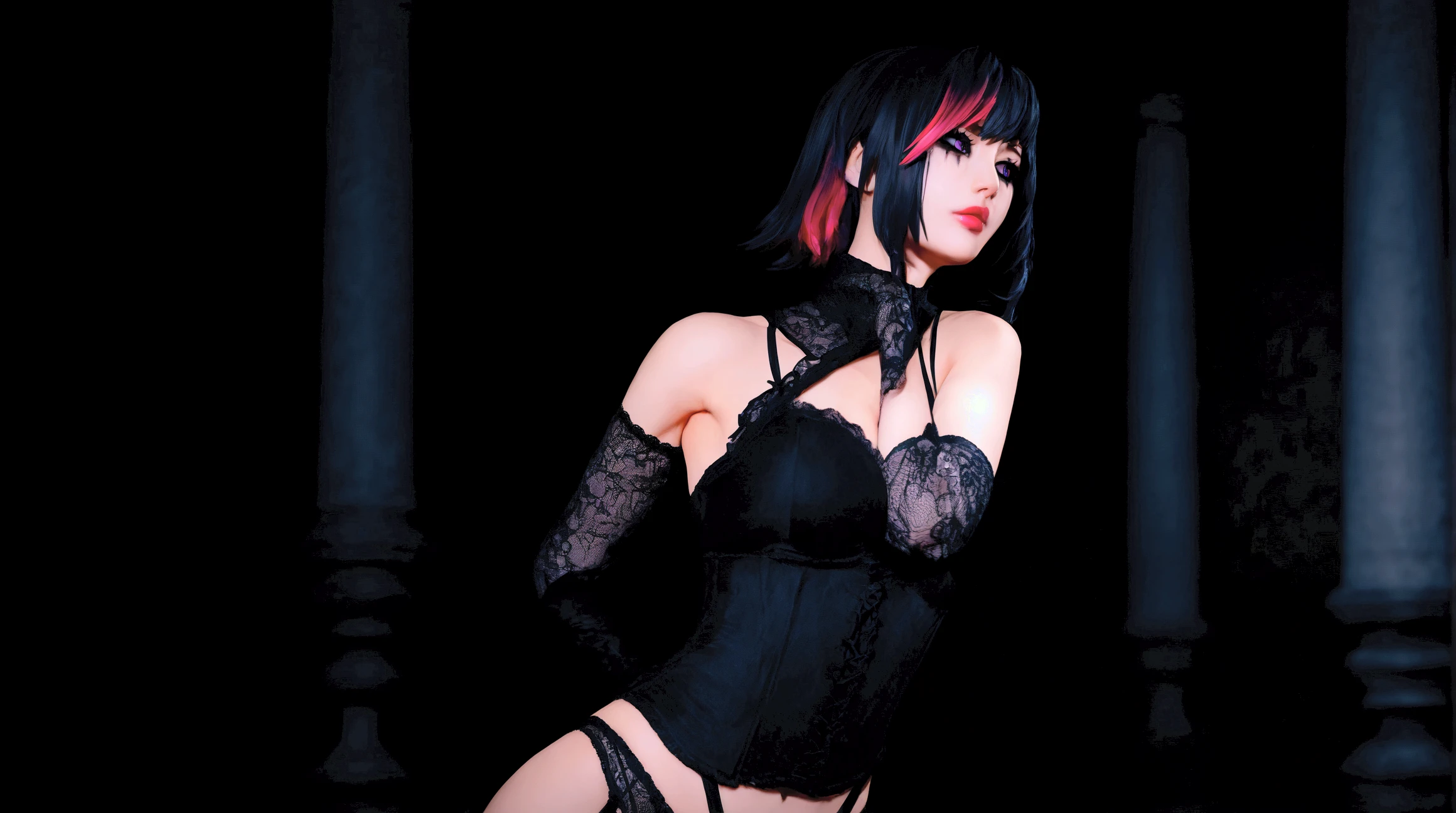 (((full medium shot))), (Masterpiece, photorealistic, photorealism, best quality, ultra-detailed:1.3), (nice hands, perfect hands), official art, cinematic light, (1girl:1.3), adult, solo, breasts, looking at viewer, short hair, bangs, medium breasts, black hair, hair ornament, thighhighs, long sleeves, dress, cleavage, jewelry, thighs, red hair, multicolored hair, black thighhighs, nail polish, black dress, covered navel, black nails, side slit