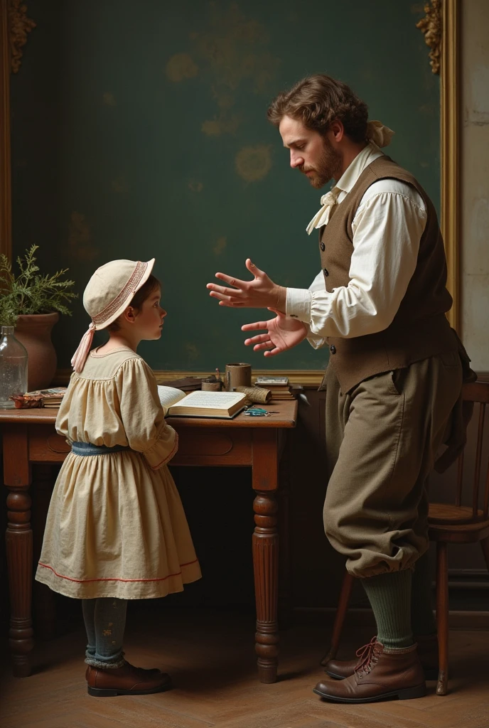 year: 1852. Location: Rock Island, Illinois. Pre-Raphaelite scene with a 13-year-old blonde teen boy, and his 9-year-old brother, talking in their bedroom, ((((rural Clothing from the 1840s)))) ((Hairstyle of the 1840s)), ((("OMITB" cinematography)))