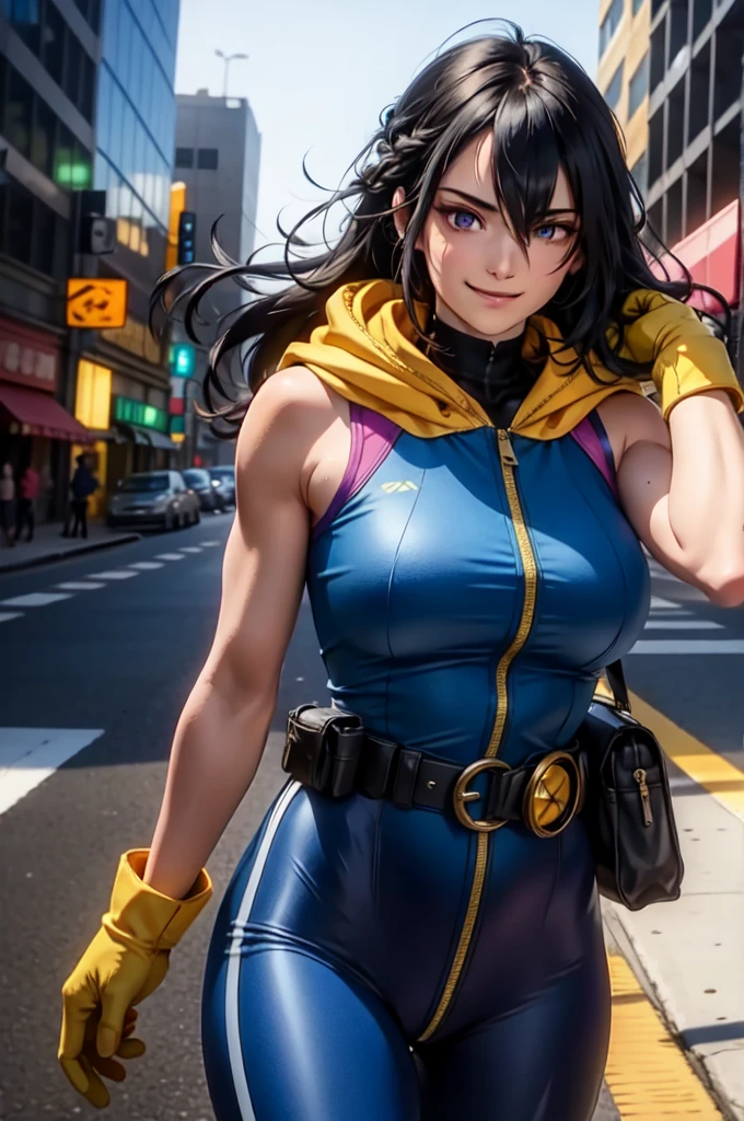 ( masterpiece ,  best quality :1.4), cinematic light, colorful,   spectral colors , (1 ), shimura,  my gym hero ,  (( yellow gloves )),  black hair,   long hair, [ folded ponytail:1.0], (capa branca), ( big breasts),  blue eyes,  sleeveless , Full body ,   of hair between the eyes, belt,  city, smirk, not,  perfectly highlight complex anatomical features. SFX complement the visual art, Engaging the viewer. The level of detail is inspiring,