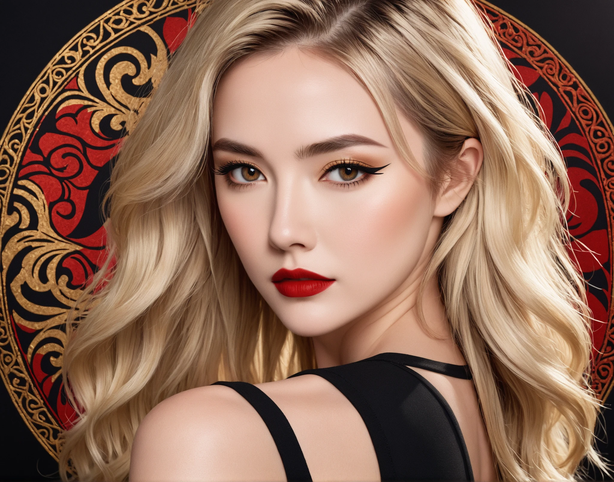 The image shows a woman with long, voluminous blonde hair styled with loose waves. She has bold makeup, including defined eyebrows, dark eyeliner, and matte red lipstick. She is wearing a white tank top with a black neckline, emphasizing her casual yet striking appearance. The background features intricate artistic designs with golden and black tones, possibly depicting abstract or mythological figures, adding an elegant and dramatic backdrop. The lighting softly highlights her features, and she has a confident expression while looking directly at the camera.