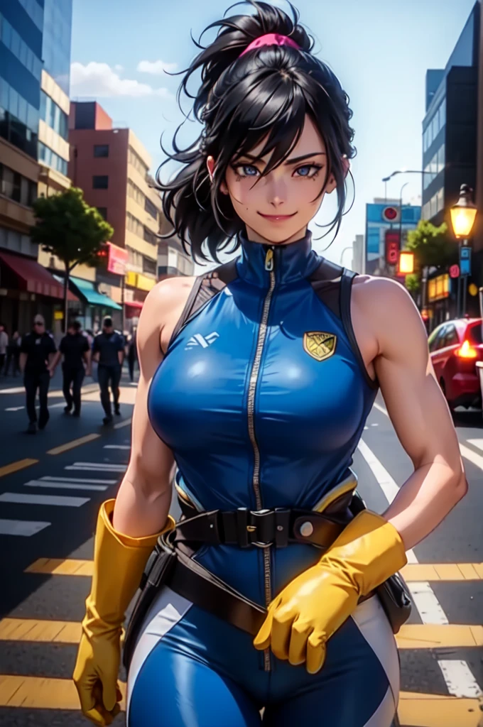 ( masterpiece ,  best quality :1.4), cinematic light, colorful,   spectral colors , (1 ), shimura,  my gym hero ,  (( yellow gloves )),  black hair,   long hair, [ folded ponytail], (capa branca), ( big breasts),  blue eyes,  sleeveless , Full body ,   of hair between the eyes, belt,  city, smirk, not,  perfectly highlight complex anatomical features. SFX complement the visual art, Engaging the viewer. The level of detail is inspiring,