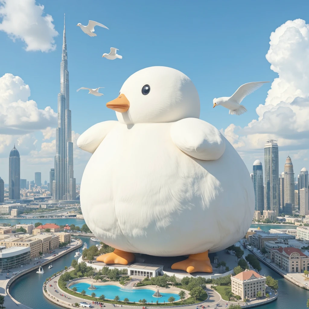 From above, fantasy anime manga illustration art, a huge cute white plump duck, 10 times the size of Dubai's Burj Khalifa, the Dubai cityscape looking much smaller below