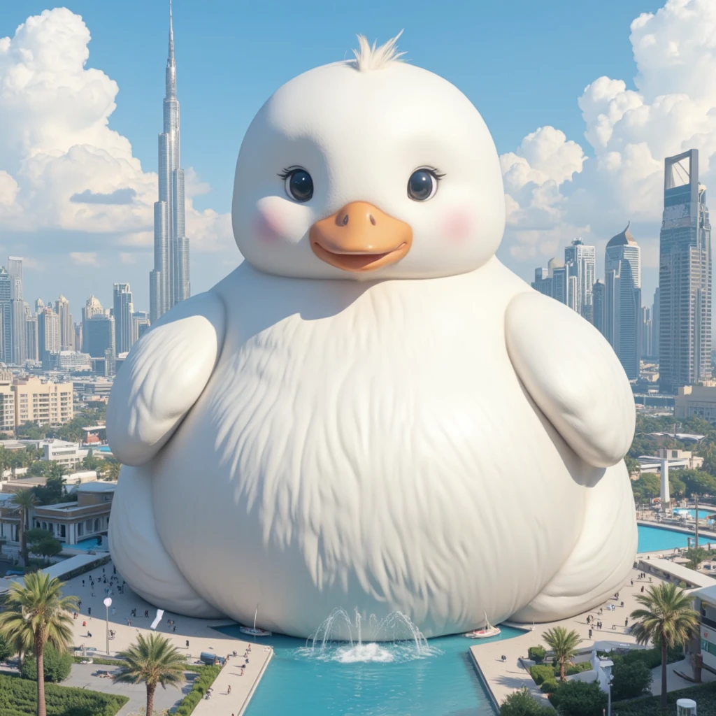 From above, a huge cute white plump duck, 10 times the size of Dubai's Burj Khalifa, the Dubai cityscape looking much smaller below, fantasy anime manga illustration art