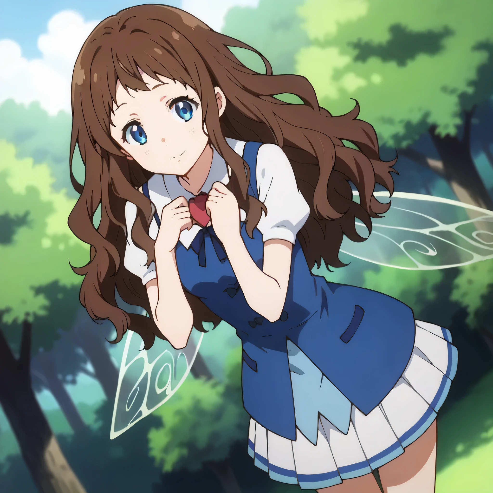 score_9, score_8_up, score_7_up, source_anime,
arche, ai shindou, long hair, blue eyes, brown hair, wavy hair,
skirt, magician dress, mage outfits, fairy wings, pleated skirt,
indoors, bent over, smile, forest, sit on a tree,
looking at viewer, cowboy shot, dutch angle, solo,