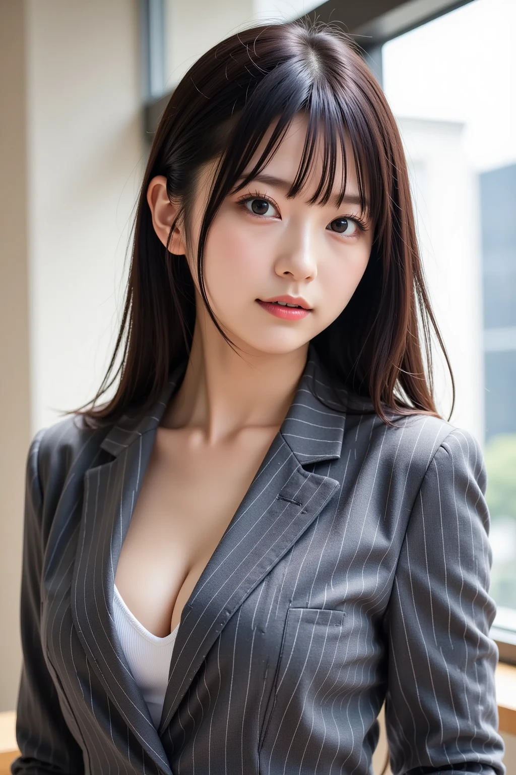 Masterpiece,  best quality ,  from the side 1 girl , Alone,  upper body, Some ,  stylish business wear ,  with a gray pinstripe suit 、 fitted jackets are visible in the bright conference room,  wearing a white tank top inside in a bright conference room ,   serious expression, subtle  reflections  on the meeting table,  focusing on the details of the face and suit , slightly turned to the side" ( accentuating details of the face and suit ,  reflections , sharp focus).