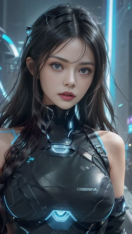 Close-up of a woman in a futuristic off-the-shoulder outfit with goggles on her head, Fantasy Artwork, Attention to detail, Cyberpunk art、8k、RAW Photos、highest quality、Real、Photorealistic、Professional Lighting、mix4、20d、Beautiful Teenage Woman、Japanese、1 female、Big beautiful eyes、Larger breasts、whole body、
