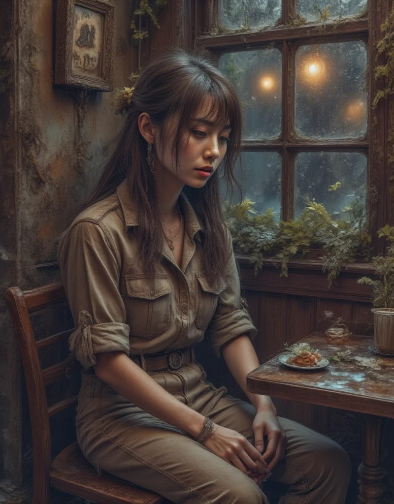 Professional Photography, Wong Kar-Wai's movie lighting style,   on a charming sad oriental beauty in a vintage shirt and vintage khaki pants,   She has long messy straight hair  , She is looking down, Sitting in the corner of the restaurant and leaning back , The window with raindrops , Set in 1980s Hong Kong , Bokeh