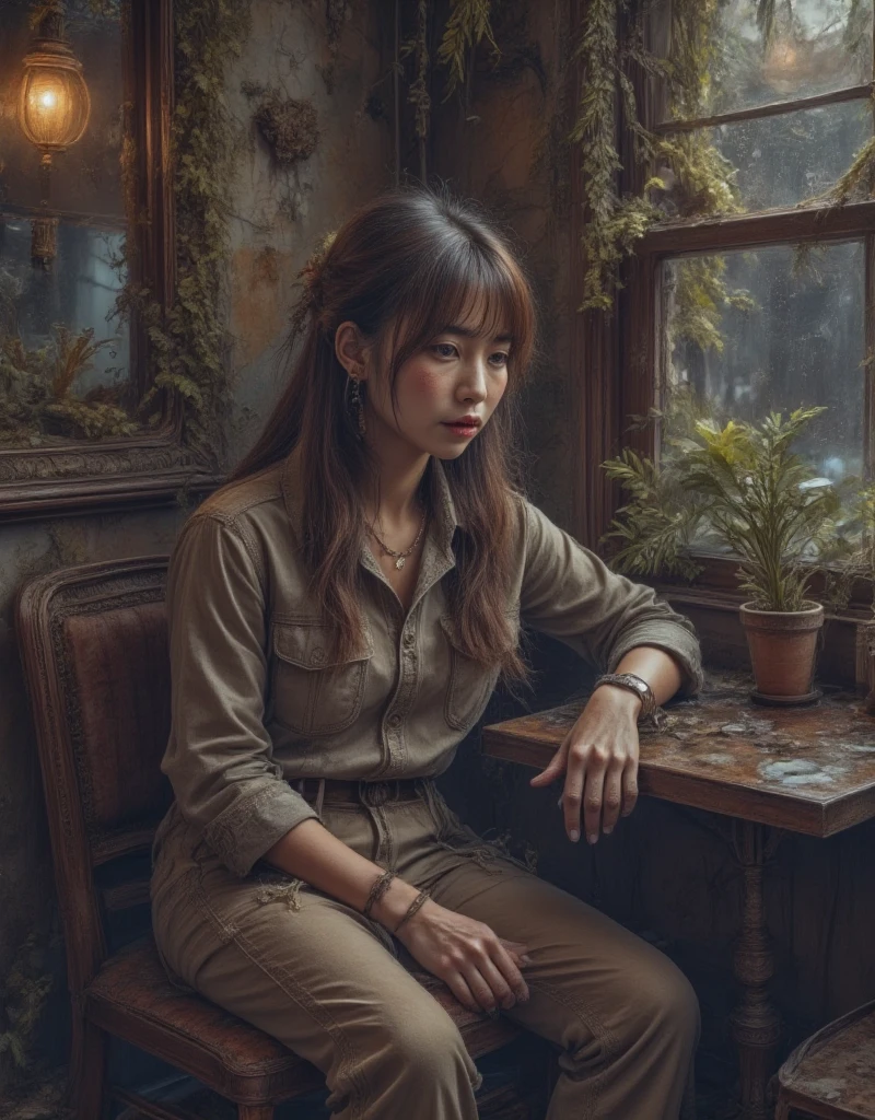 Professional Photography, Wong Kar-Wai's movie lighting style,   on a charming sad oriental beauty in a vintage shirt and vintage khaki pants,   She has long messy straight hair  , She is looking down, Sitting in the corner of the restaurant and leaning back , The window with raindrops , Set in 1980s Hong Kong , Bokeh